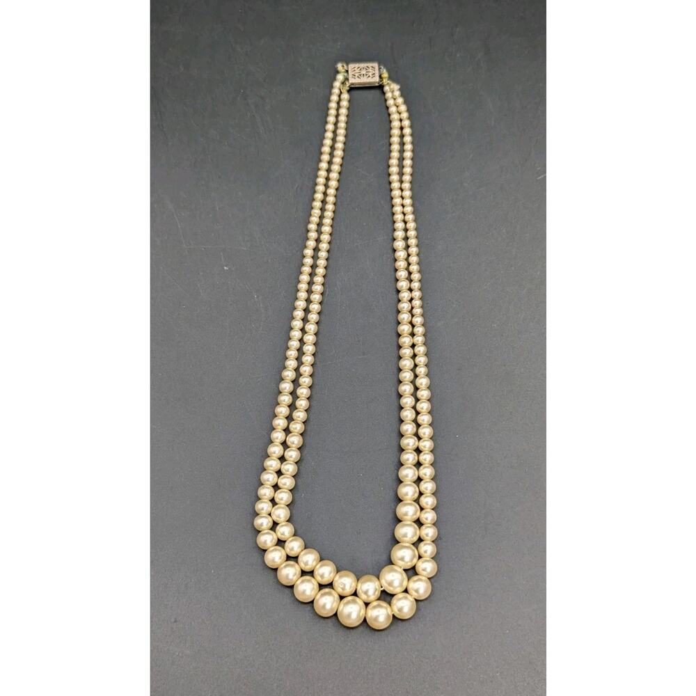 Vintage Double Strand Graduated Glass Faux Pearl Necklace Sterling Silver Clasp